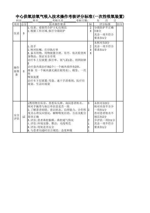 中心供氧法氧气吸入技术操作考核评分标准(一次性吸氧装置)