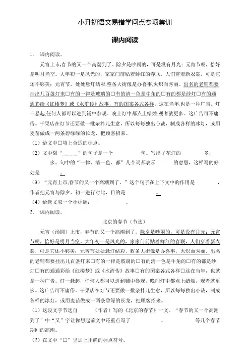 小升初语文易错知识点专项集训B卷-课内阅读(试题)部编版语文六年级下册