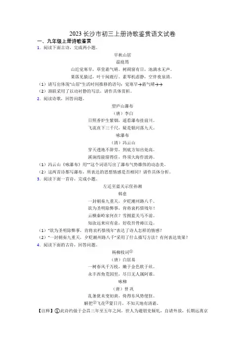 2023长沙市初三上册诗歌鉴赏语文试卷