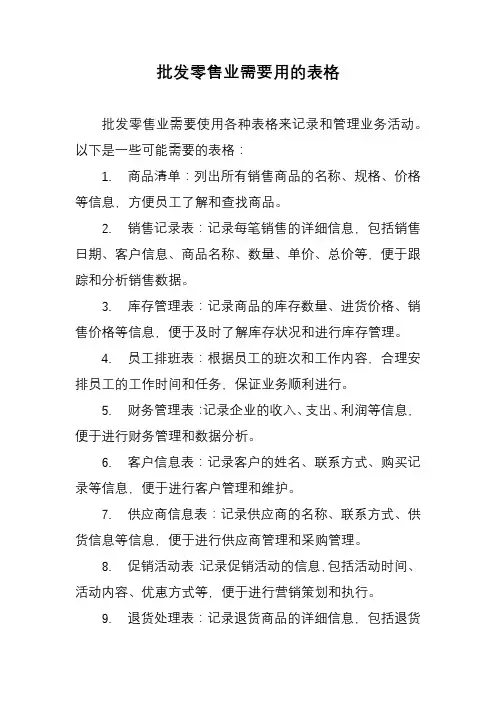 批发零售业需要用的表格