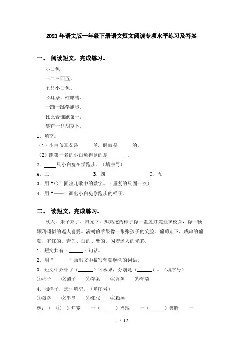 2021年语文版一年级下册语文短文阅读专项水平练习及答案