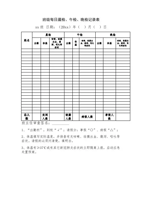 学校班级每日晨检、午检、晚检记录表