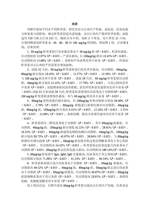 虾青素对太行鸡生产性能、蛋品质、抗氧化能力和免疫力的影响
