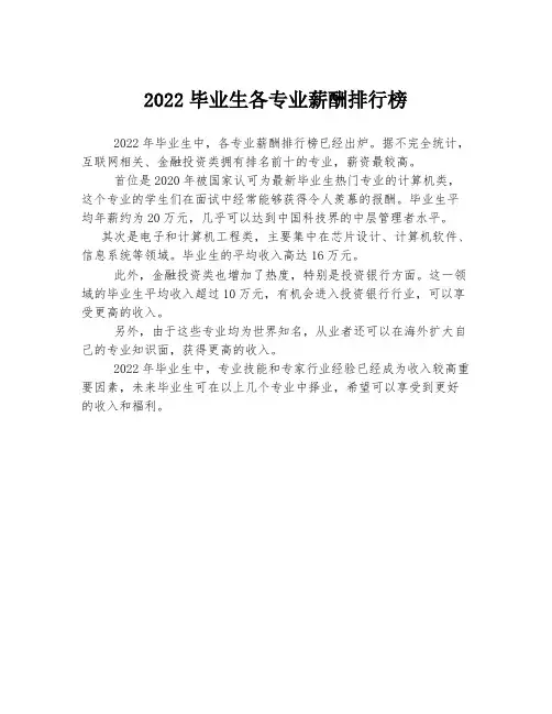 2022毕业生各专业薪酬排行榜
