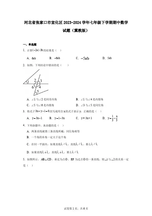 河北省张家口市宣化区2023-2024学年七年级下学期期中数学试题(冀教版)