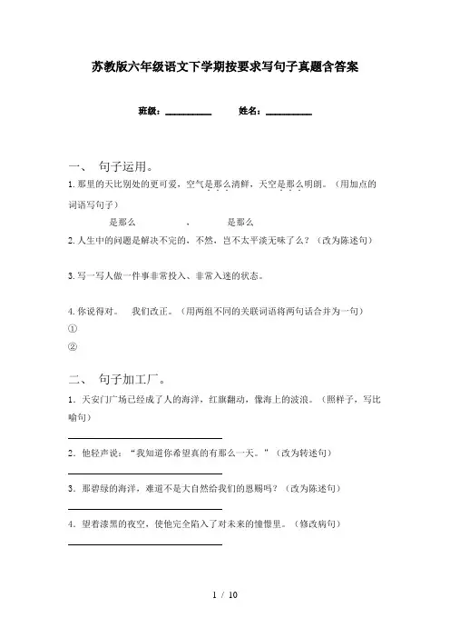 苏教版六年级语文下学期按要求写句子真题含答案