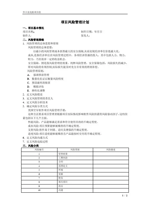 项目风险管理计划模板
