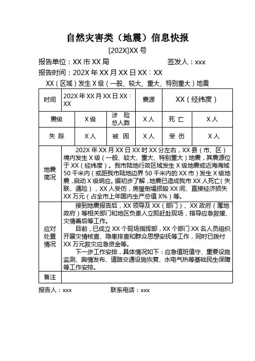 自然灾害类(地震)信息快报(样式)