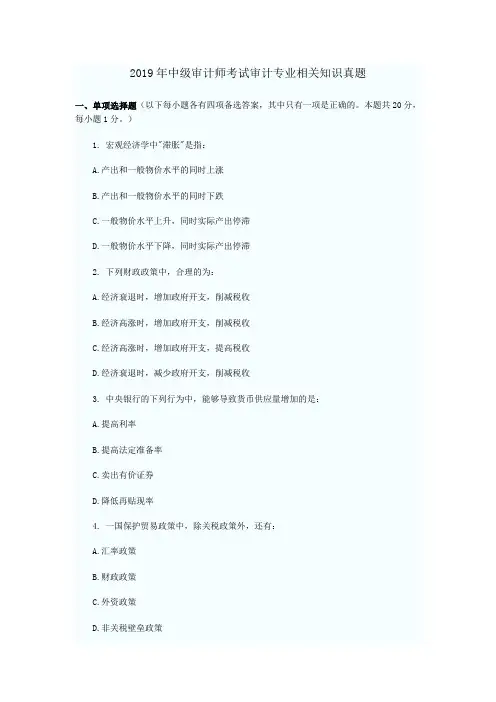 2019年中级审计师考试审计专业相关知识真题