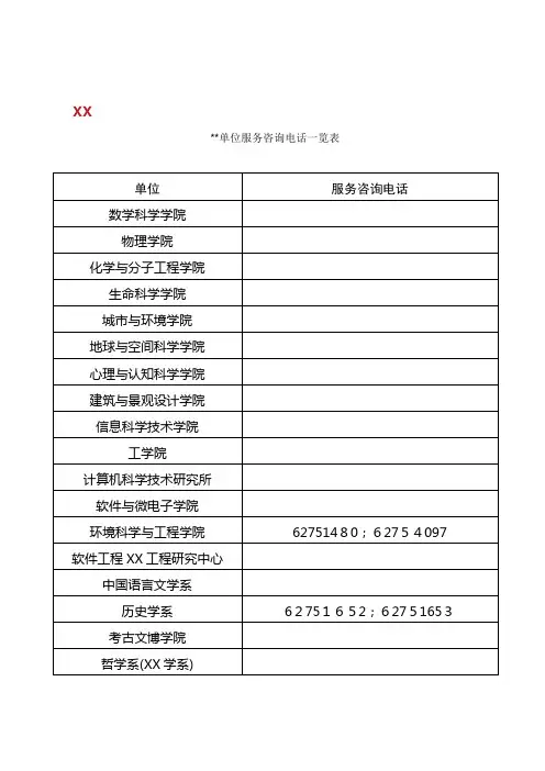 北京大学各单位服务咨询电话一览表