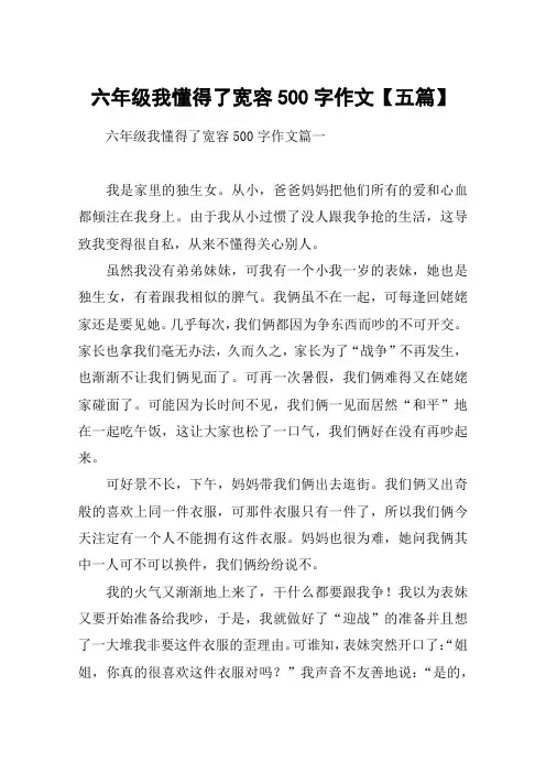 六年级我懂得了宽容500字作文【五篇】
