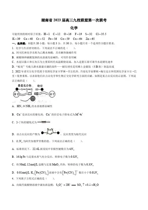 湖南省九校联盟2023届高三上学期第一次联考化学试题含答案