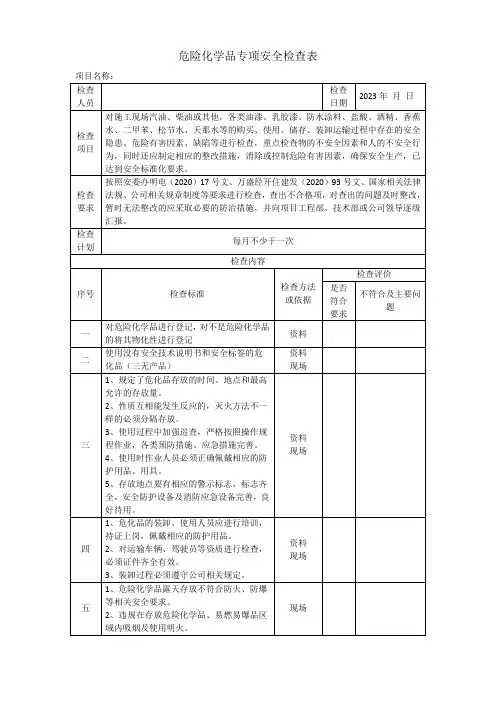 建设项目危险化学品专项安全检查表