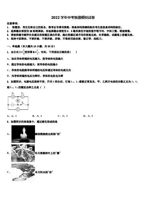 2022年上海市浦东新区部分校中考一模物理试题(含答案解析)