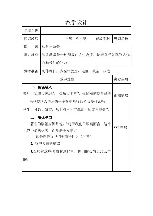 八年级思想品德《欣赏与赞美》教学设计