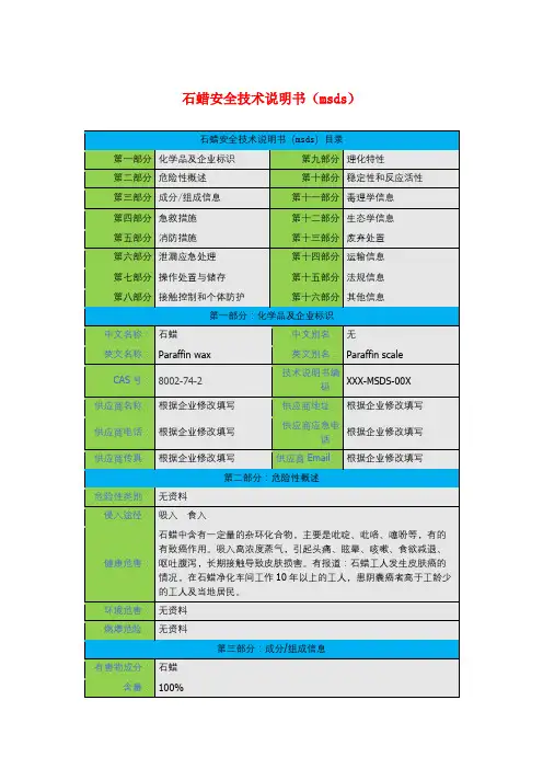 石蜡安全技术说明书(msds)