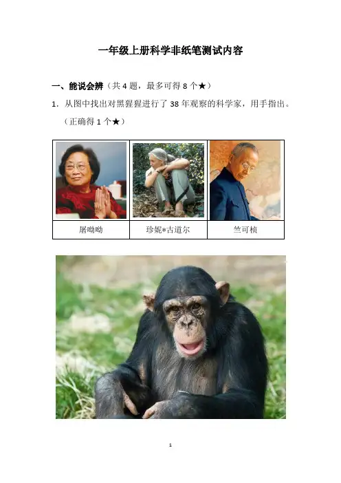 一年级上册科学非纸笔测试内容