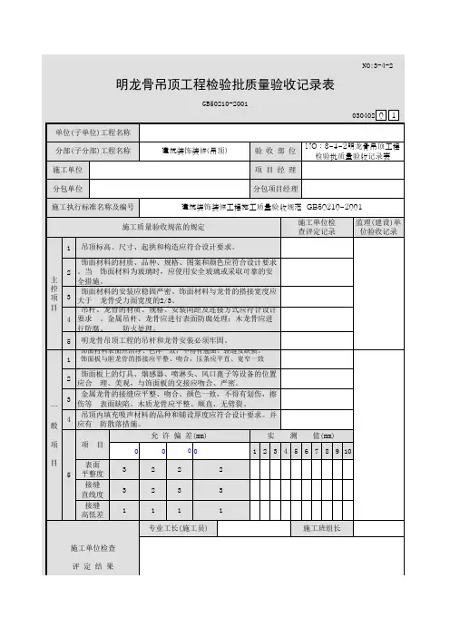 NO：3-4-2明龙骨吊顶工程检验批质量验收记录表030405