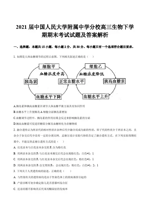 2021届中国人民大学附属中学分校高三生物下学期期末考试试题及答案解析