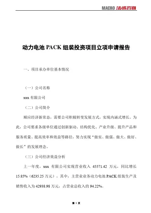 动力电池PACK组装投资项目立项申请报告