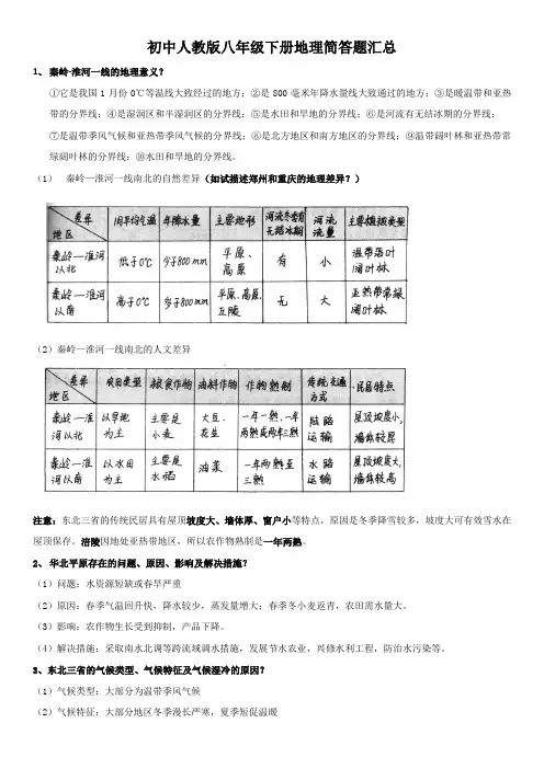 人教版 八年级下册地理简答题汇总(2021年)