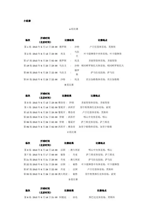 2018年世界杯赛程表