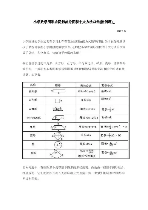 小学数学图形求阴影部分面积十大方法总结(附例题)