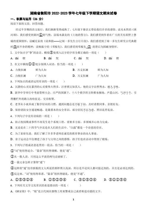 湖南省衡阳市2022-2023学年七年级下学期语文期末试卷(含答案)2