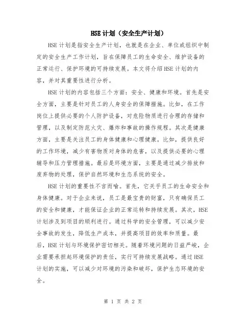 HSE计划(安全生产计划)