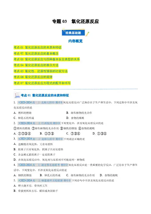 专题03氧化还原反应(原卷版)-2024-2025学年新高考通用高一化学上册真题