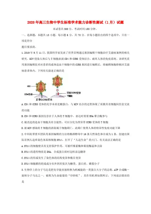 2020年高三生物中学生标准学术能力诊断性测试(1月)试题