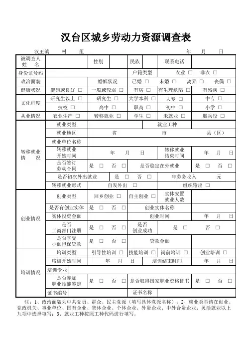 城乡劳动力资源调查表