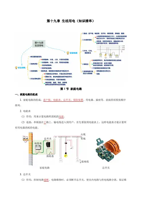 第十九章生活用电(知识清单)九年级物理全一册(人教版)(教师版)
