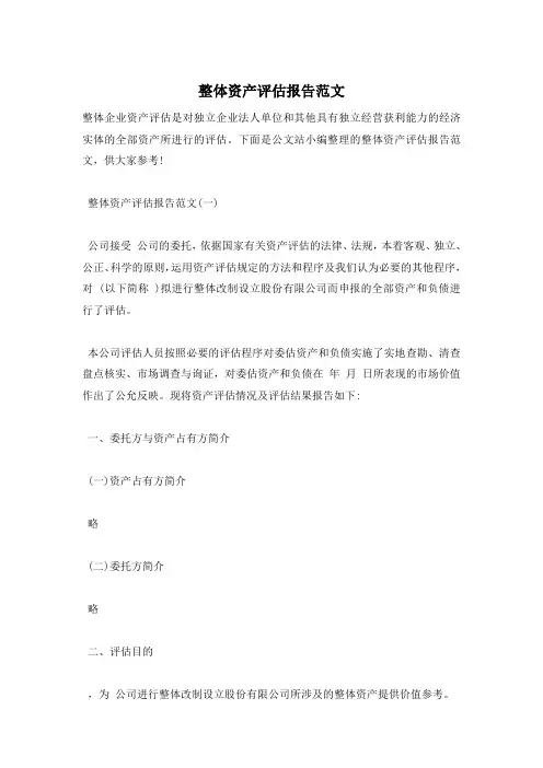 整体资产评估报告范文