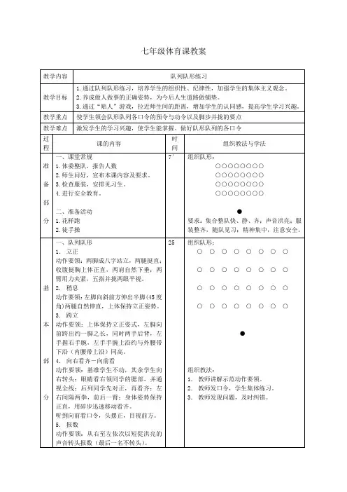 队列队形教案1 七年级体育课教案