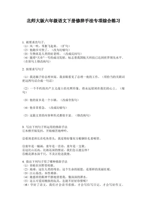 北师大版六年级语文下册修辞手法专项综合练习