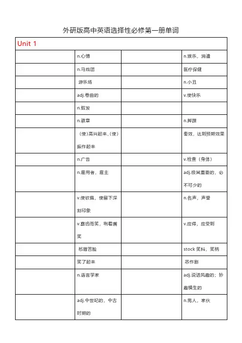 外研版高中英语选择性必修第一册单词汉译英