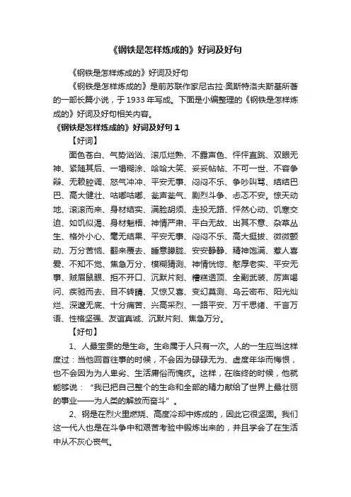 《钢铁是怎样炼成的》好词及好句