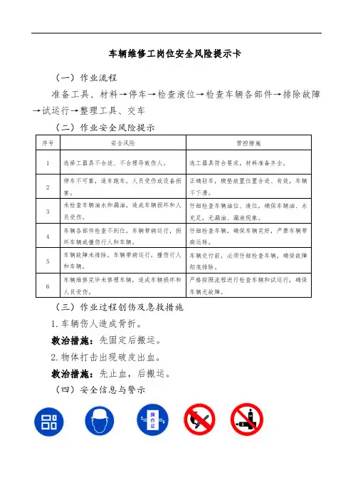 车辆维修工岗位安全风险提示卡