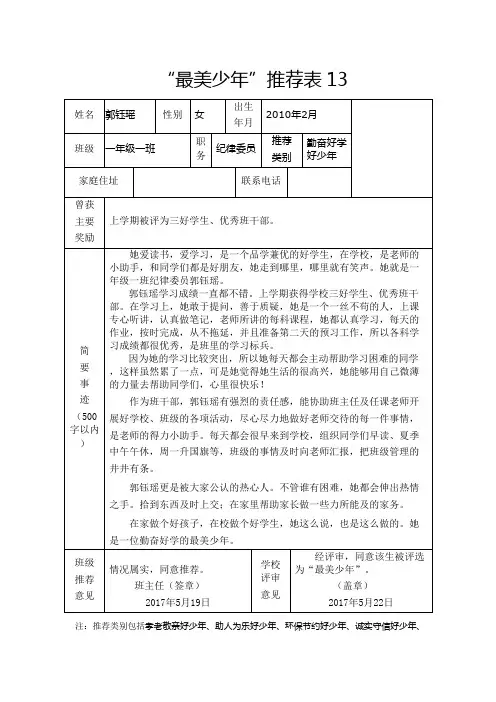 “最美少年”推荐表13