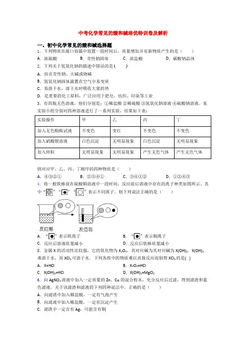 中考化学常见的酸和碱培优特训卷及解析