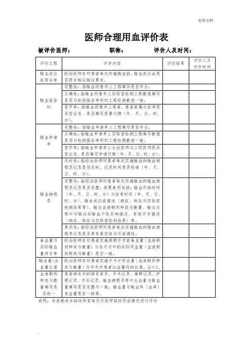 临床医师合理用血评价表