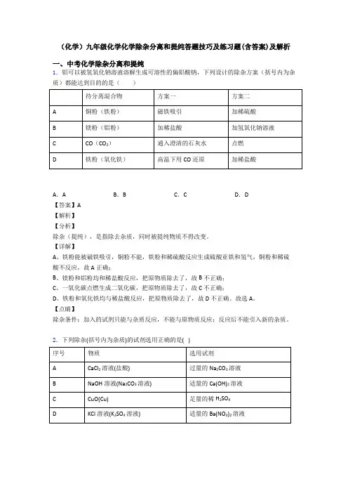 (化学)九年级化学化学除杂分离和提纯答题技巧及练习题(含答案)及解析