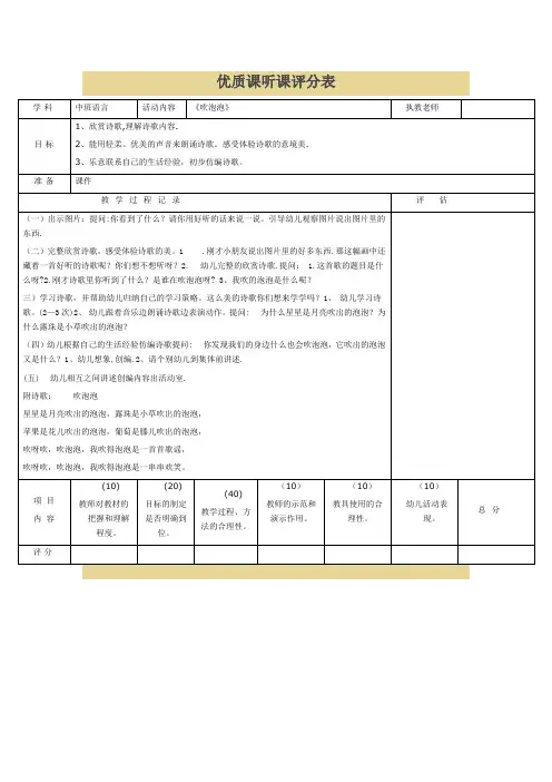 幼儿园优质课评比听课评分表
