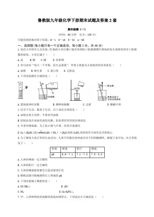 鲁教版九年级化学下册期末试题及答案2套【精编】.docx