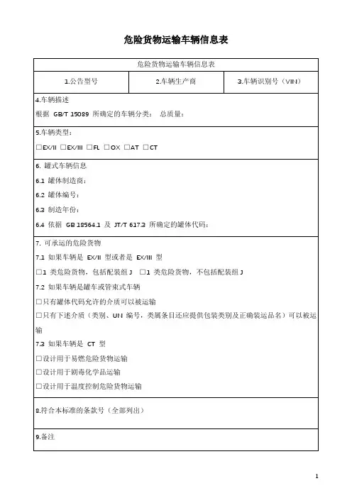 危险货物运输车辆信息表