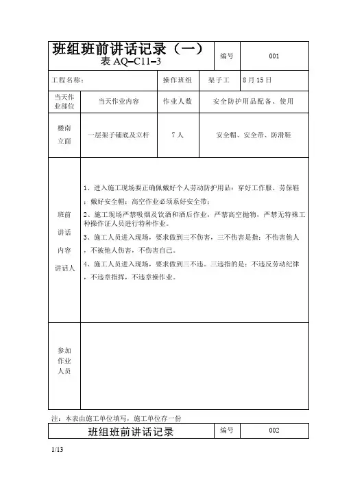 (架子工)班组班前讲话记录