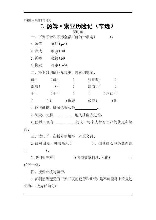 六年级下册语文部编版 课时练《汤姆-索亚历险记(节选)》(含答案) (1)