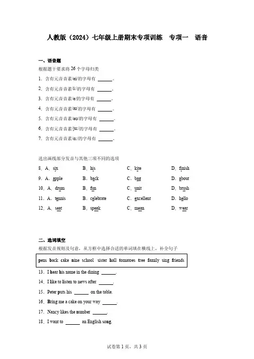 人教版(2024)七年级上册期末专项训练专项一语音