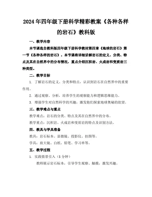 2024年四年级下册科学精彩教案《各种各样的岩石》教科版